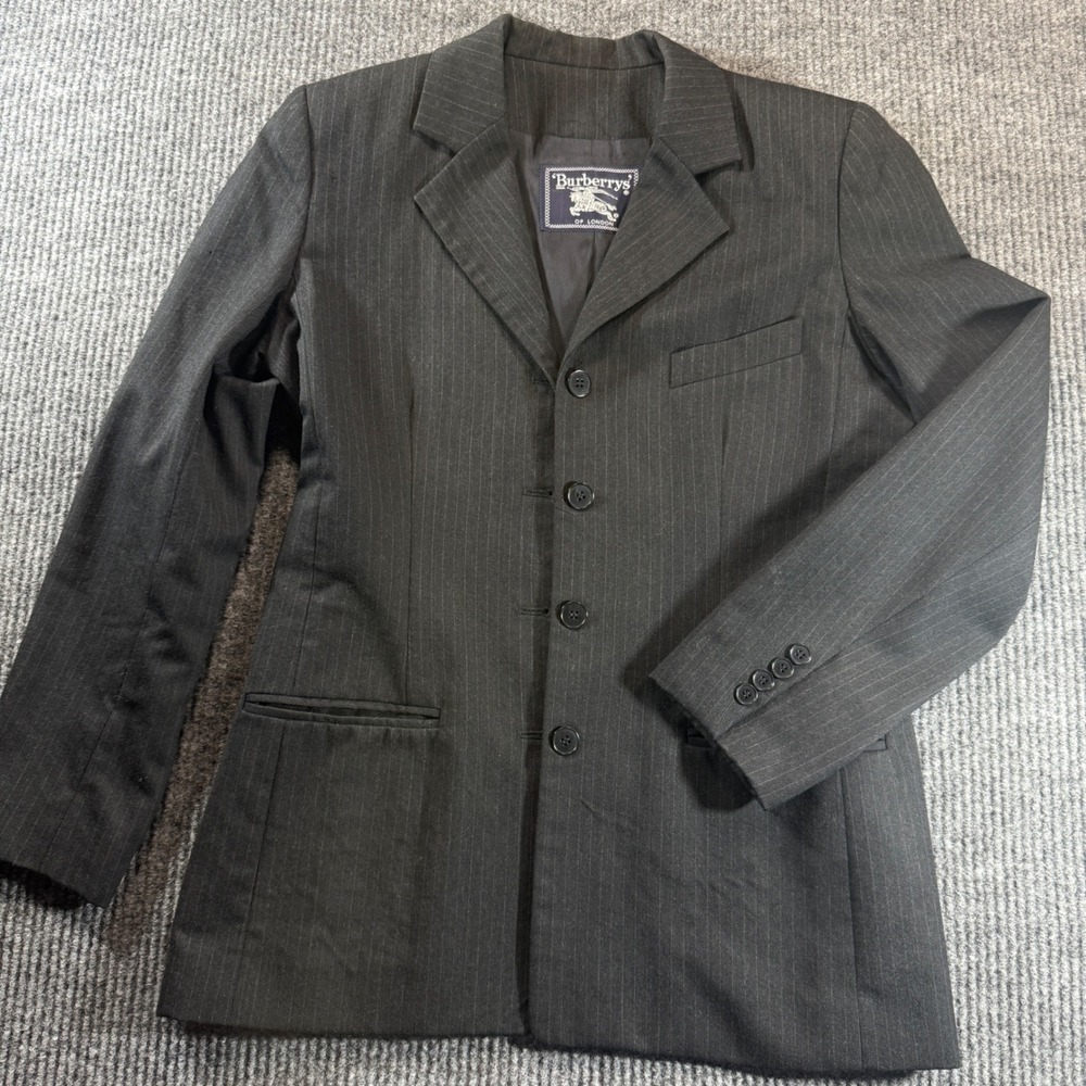 Burberrys Blazer Women 8 Charcoal Grey Pinstripe Wool 4-Button Vintage USA